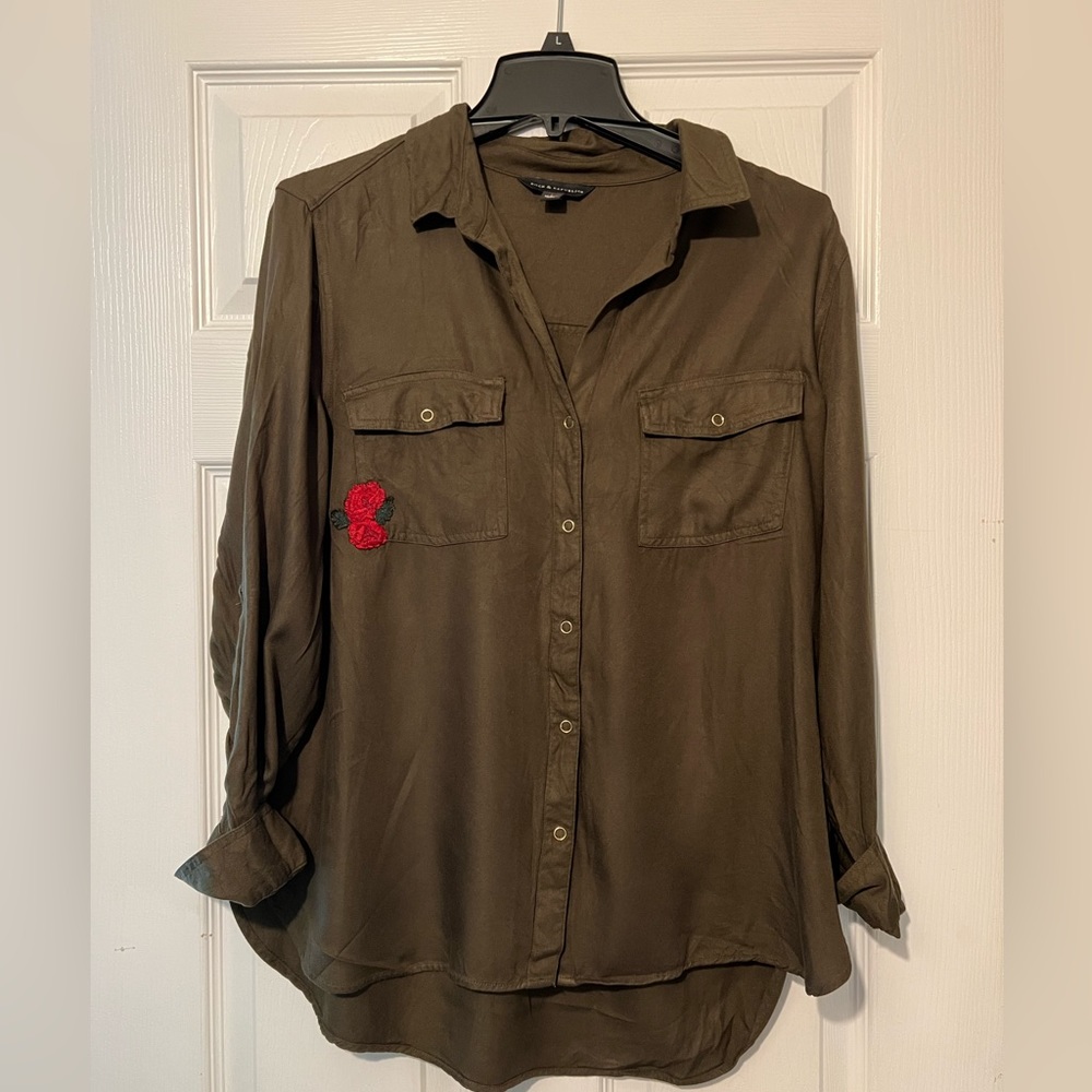 Olive green button up shirt with rose decal